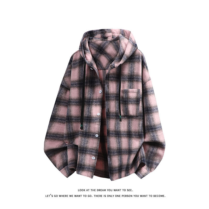 Unisex nan oversized Kapuzen-Hemdjacke aus Flanell mit Karomuster und Brusttasche Drune