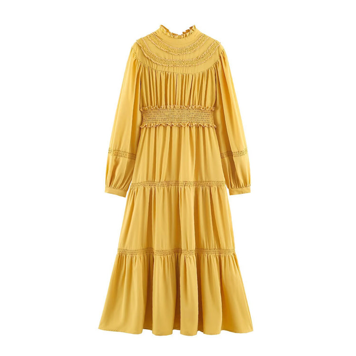 Damen Rüschen-Midikleid mit hohem Stehkragen, Stufenrock und Taillen-Smock Drune