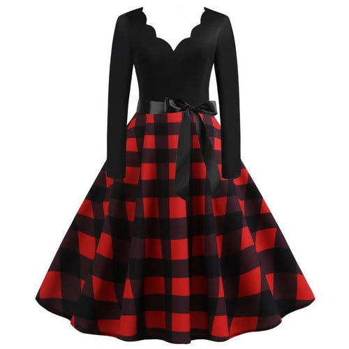 Damen Retro Swingkleid mit welligem V-Ausschnitt, tailliertem Satinbindegürtel und karierter Tellerrock Drune