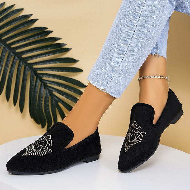 Damen Bestickte Velours-Loafer mit spitzer Zehenpartie und rutschfester Gummisohle Drune