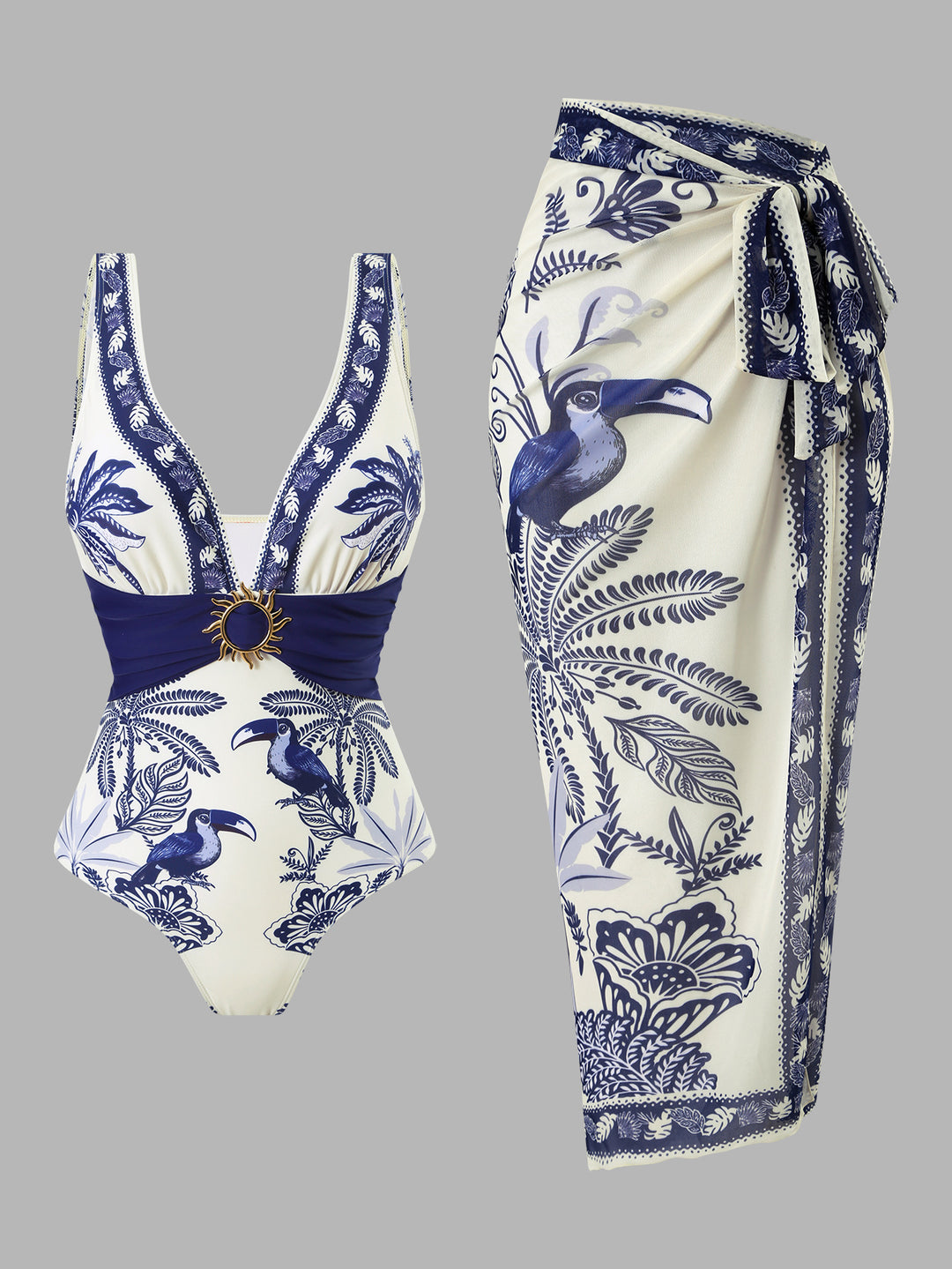 Damen Einteiliger Badeanzug mit floralem Design und elegantem Wickelrock Drune