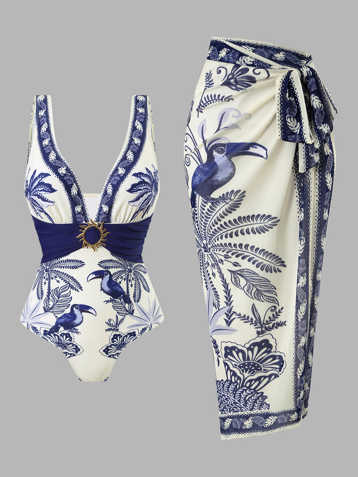 Damen Einteiliger Badeanzug mit floralem Design und elegantem Wickelrock Drune