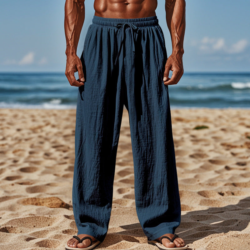 Herren Leichte Leinenhose mit weitem Schnitt, Elastikbund und Kordelzug Drune