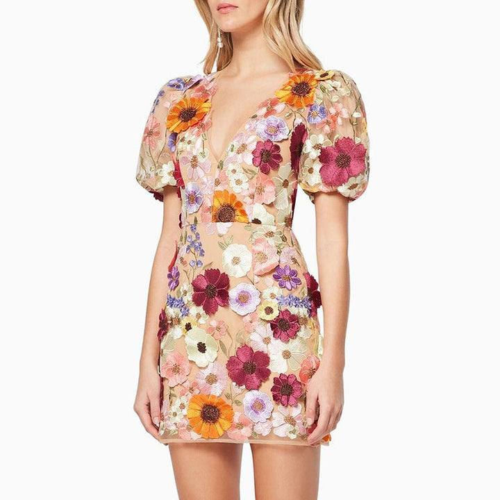Drune | 3D-Blumen-Bodycon-Laternenärmel-besticktes Kleid