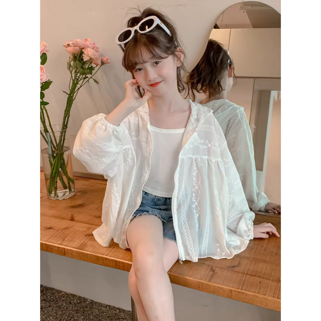 Damen nan transparente bestickte Kapuzenbluse mit Volantärmeln Drune