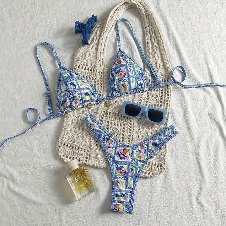 Damen Triangel-Bikini mit floralem Motiv und verstellbaren Trägern Drune