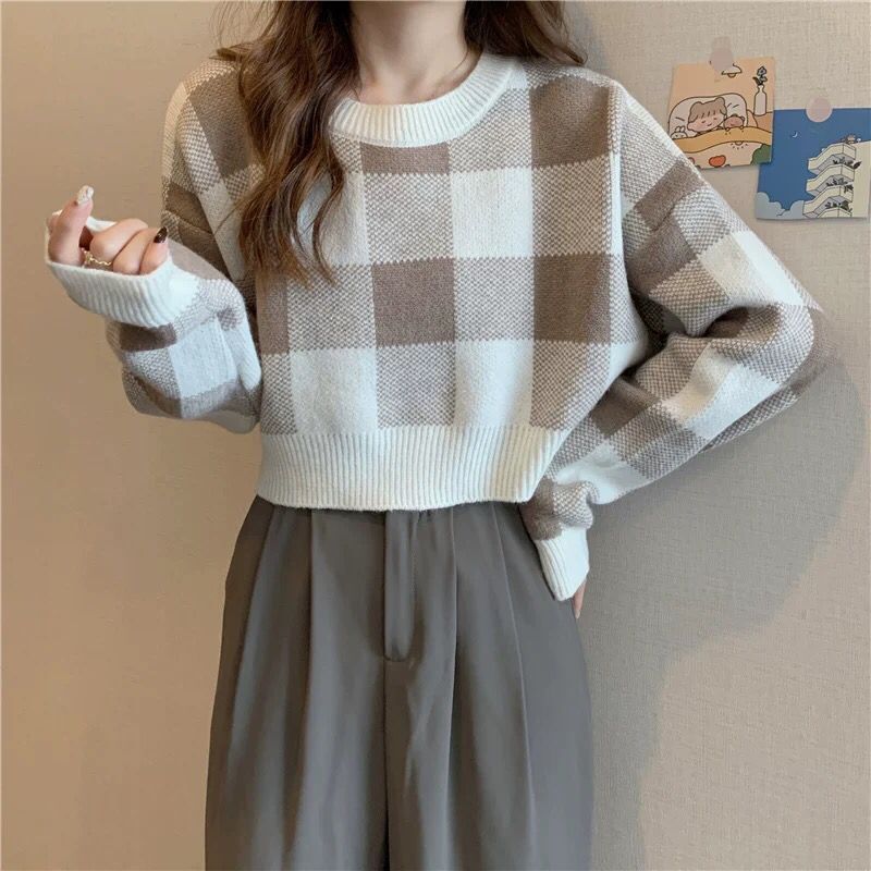 Damen modischer cropped Pullover mit Karomuster Drune