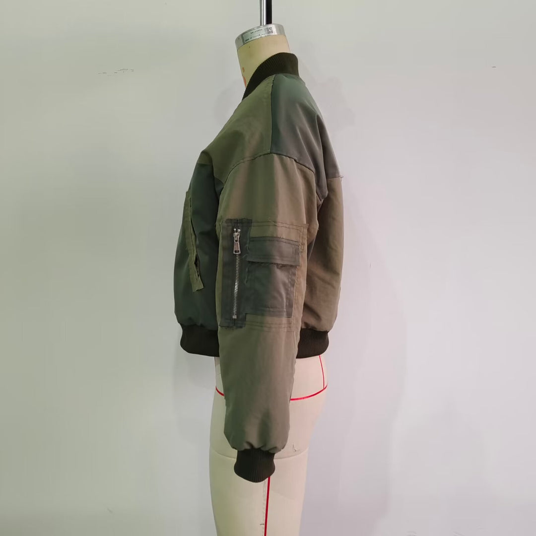 Damen Kurze Oversize-Bomberjacke mit Utility-Taschen und Rippbündchen Drune