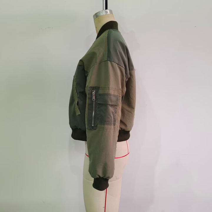 Damen Kurze Oversize-Bomberjacke mit Utility-Taschen und Rippbündchen Drune