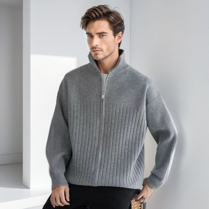 Herren Halbzip-Strickpullover mit hohem Stehkragen und breitem Rippenmuster Drune