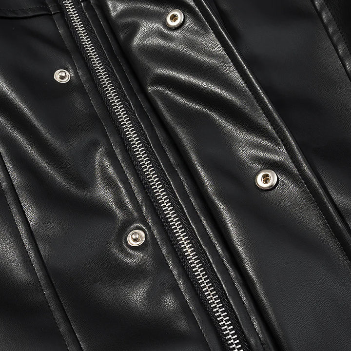 Damen nan kurze vegane Lederjacke im Cropped‑Korsettstil mit Stehkragen Drune