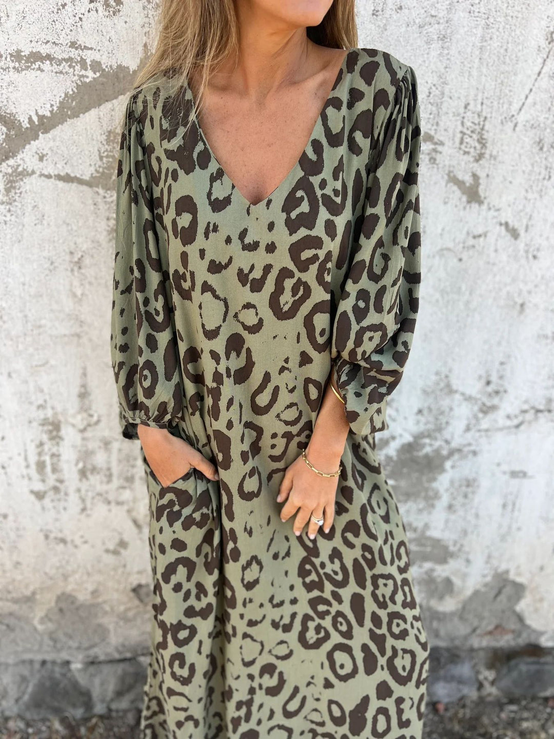 Damen V-Ausschnitt Maxikleid mit Seitentaschen und lockerer Passform Drune