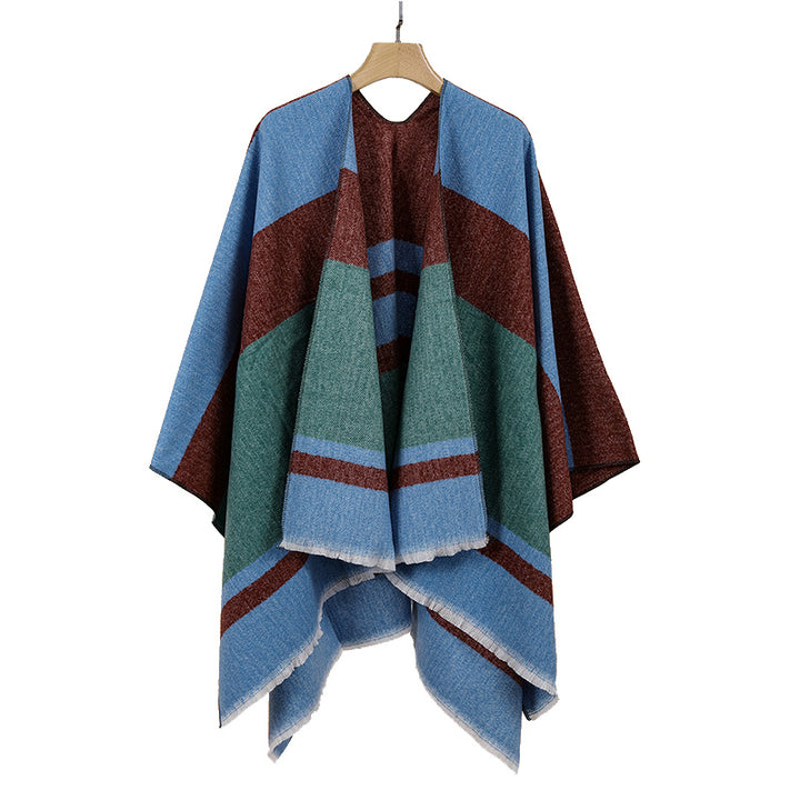 Damen Leichter Capeponcho aus Feinstrick mit geometrischem Blockstreifen-Design Drune