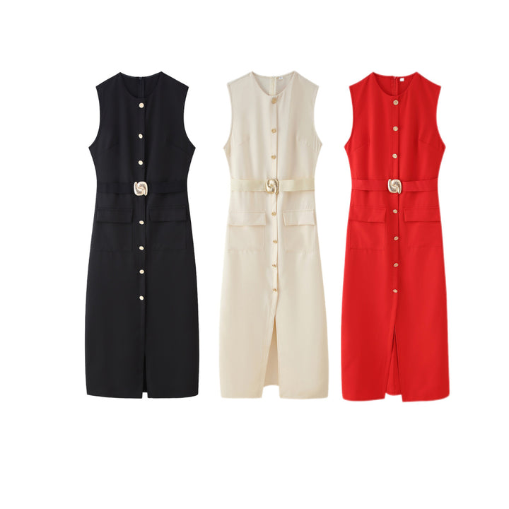 Damen Utility Midi Kleid mit Gürtel-Taille und Taschen-Detail Drune