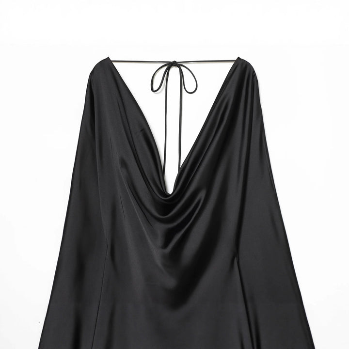 Damen nan satiniertes Minikleid mit tiefem Wasserfallrücken, Kordelbindung und langen Ärmeln Drune