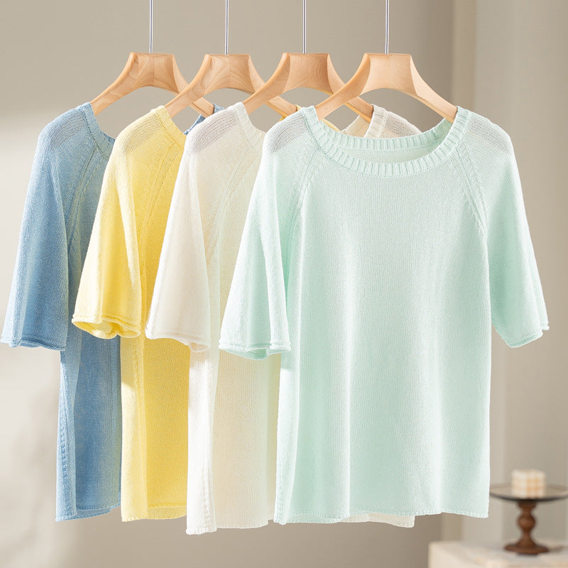 Damen Feines Strickshirt mit halblangen Ärmeln und Rundhalsausschnitt Drune