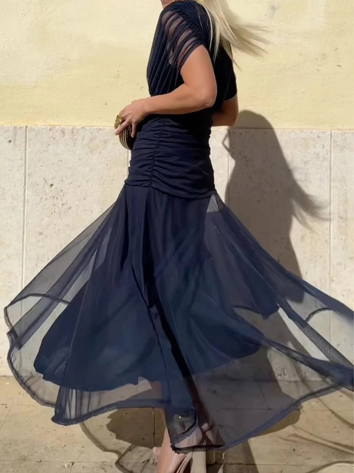 Damen nan elegantes bodenlanges Abendkleid mit drapierter Schulterpartie und luftiger Chiffon-Rock Drune