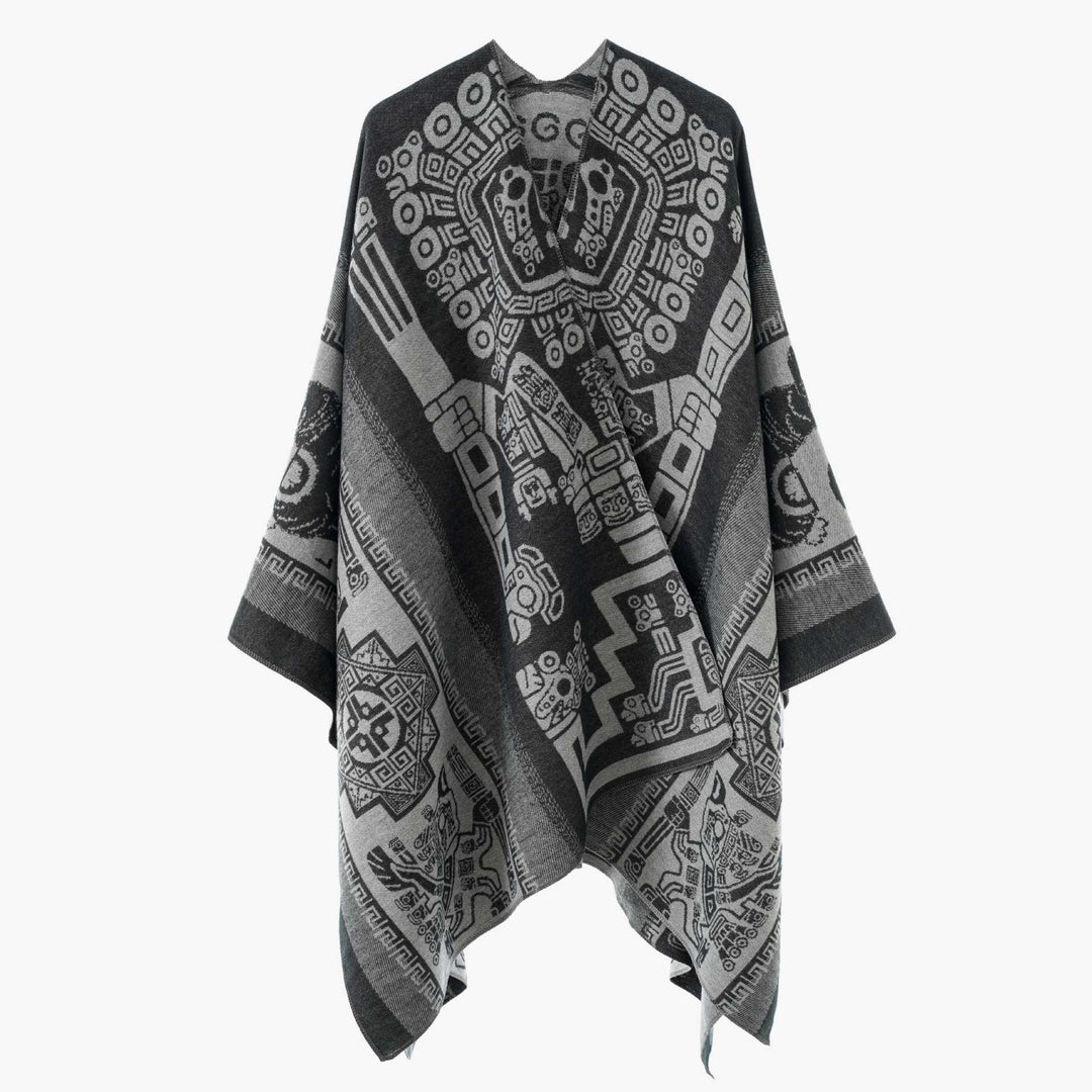 Damen Oversize‑Jacquard‑Wrapcape mit geometrischem Aztekenmuster Drune
