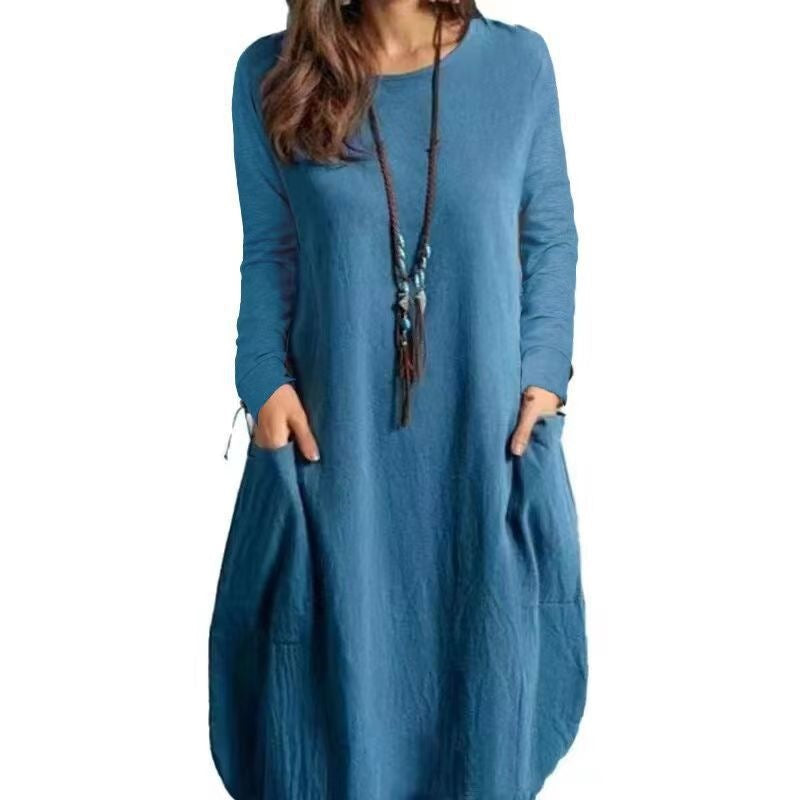 Damen Langes A‑Linien Leinenoptik Kleid mit Eingrifftaschen und Rundhalsausschnitt Drune
