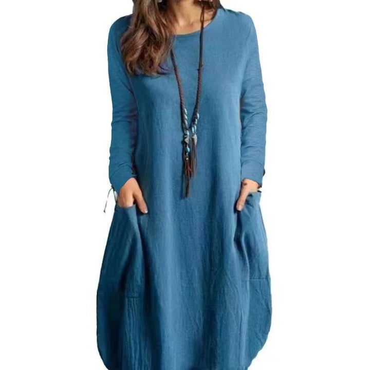 Damen Langes A‑Linien Leinenoptik Kleid mit Eingrifftaschen und Rundhalsausschnitt Drune
