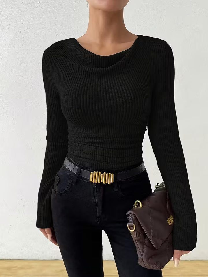 Damen Gerippter Taillierter Feinstrickpullover mit Raffung Drune