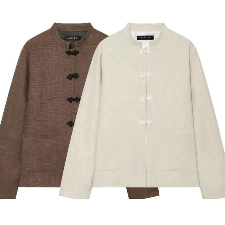 Damen Kurz geschnittene Leinenjacke mit Stehkragen und Froschverschlüssen Drune