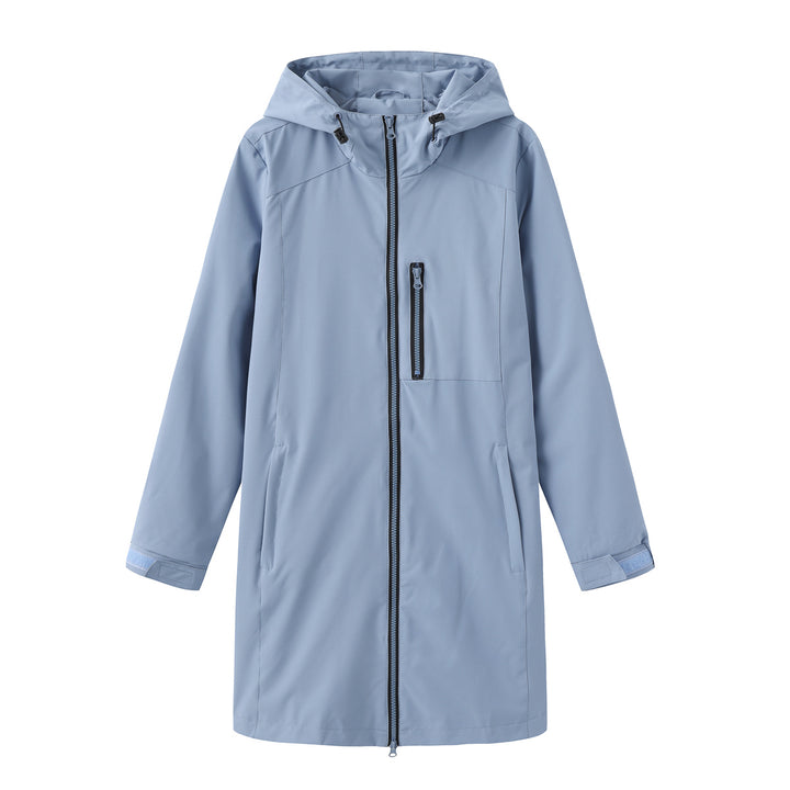 Damen nan lange schlanke Funktionsregenjacke mit durchgehendem Reißverschluss Brustreißverschlusstasche und Klettmanschetten Drune