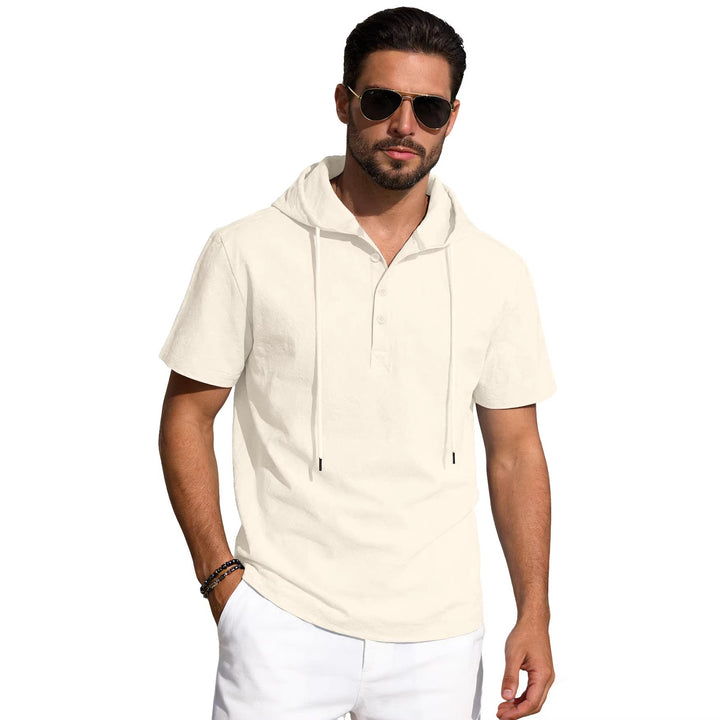 Herren nan kurzärmeliges Kapuzen-Henley aus Slub-Baumwolle mit verdeckter Knopfleiste und Kordelzug Drune