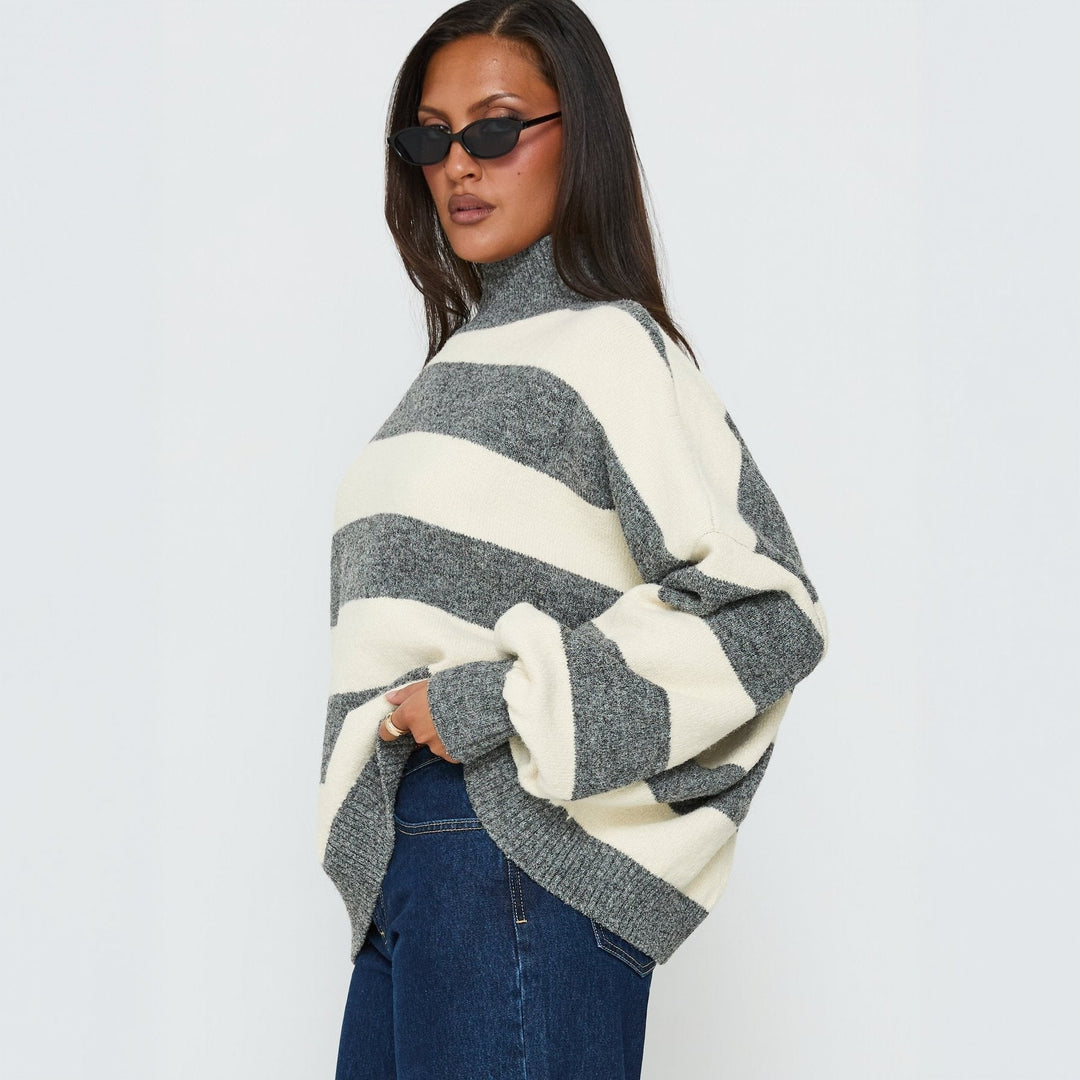 Damen Oversize Streifen-Pullover mit Rollkragen Drune