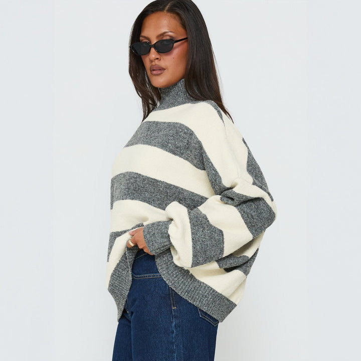 Damen Oversize Streifen-Pullover mit Rollkragen Drune