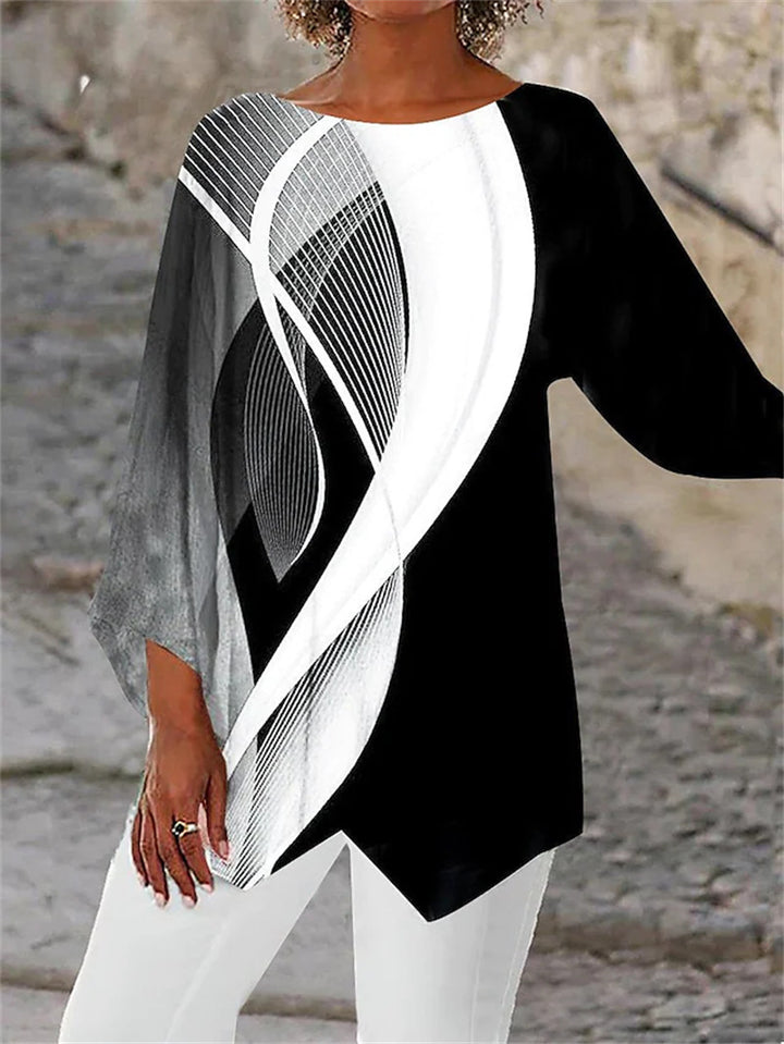 Damen asymmetrisches A-Linien-Tunika mit ornamentalem Druck und spitzem Saum Drune
