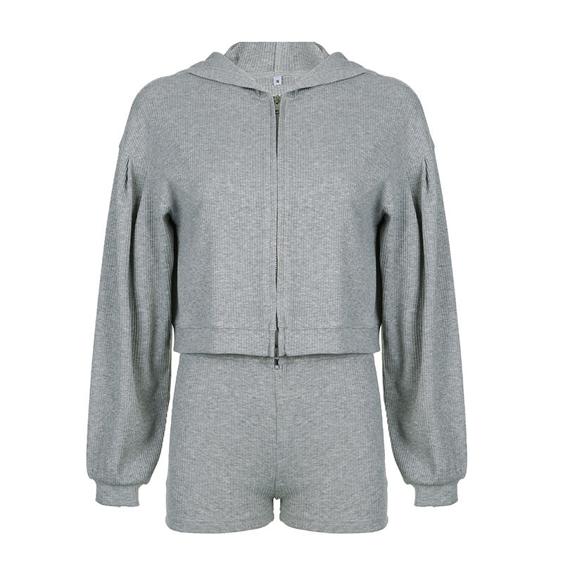 Damen nan kurzes geripptes Lounge-Set mit Kapuzen-Zipjacke und Highwaist-Shorts Drune