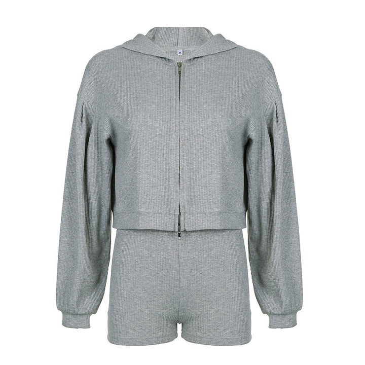 Damen nan kurzes geripptes Lounge-Set mit Kapuzen-Zipjacke und Highwaist-Shorts Drune
