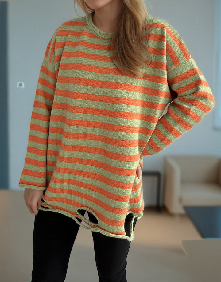 Damen gestrickter Oversized-Pullover mit lässigem Streifenmuster Drune