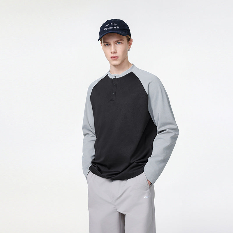 Herren Langarm-Henley-Sweatshirt mit Raglanärmeln, Relaxed-Fit und Knopfleiste Drune