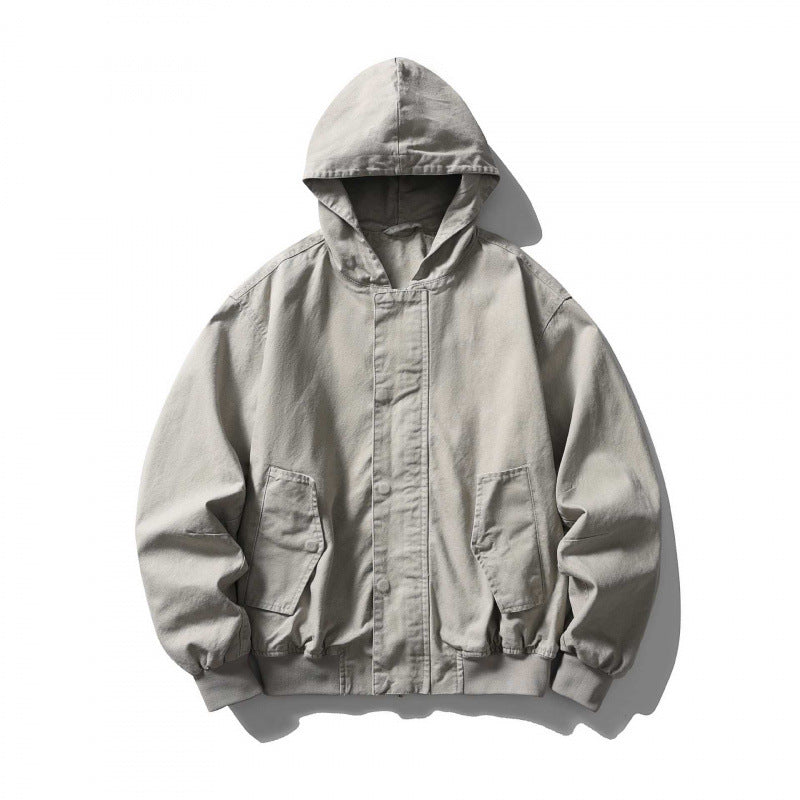 Unisex Boxy-Hoodie-Blousonjacke mit verdeckter Front und Pattentaschen Drune
