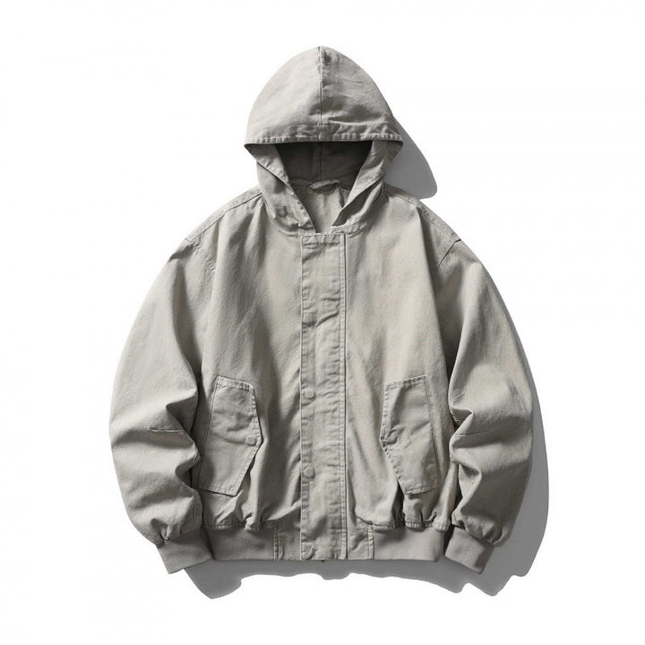 Unisex Boxy-Hoodie-Blousonjacke mit verdeckter Front und Pattentaschen Drune