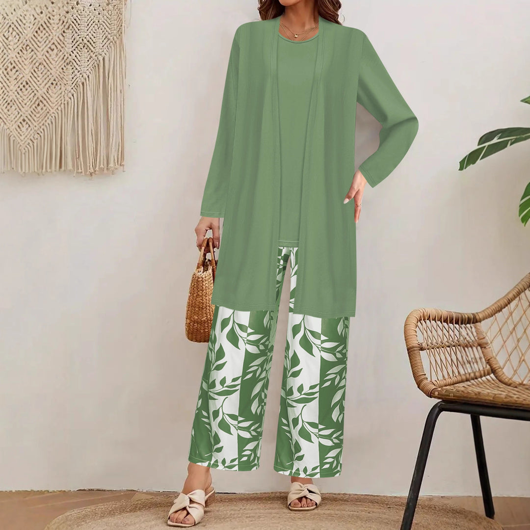 Damen Zweiteiler Offener Longcardigan mit Langarm und Palazzo‑Hose mit Blattprint Drune
