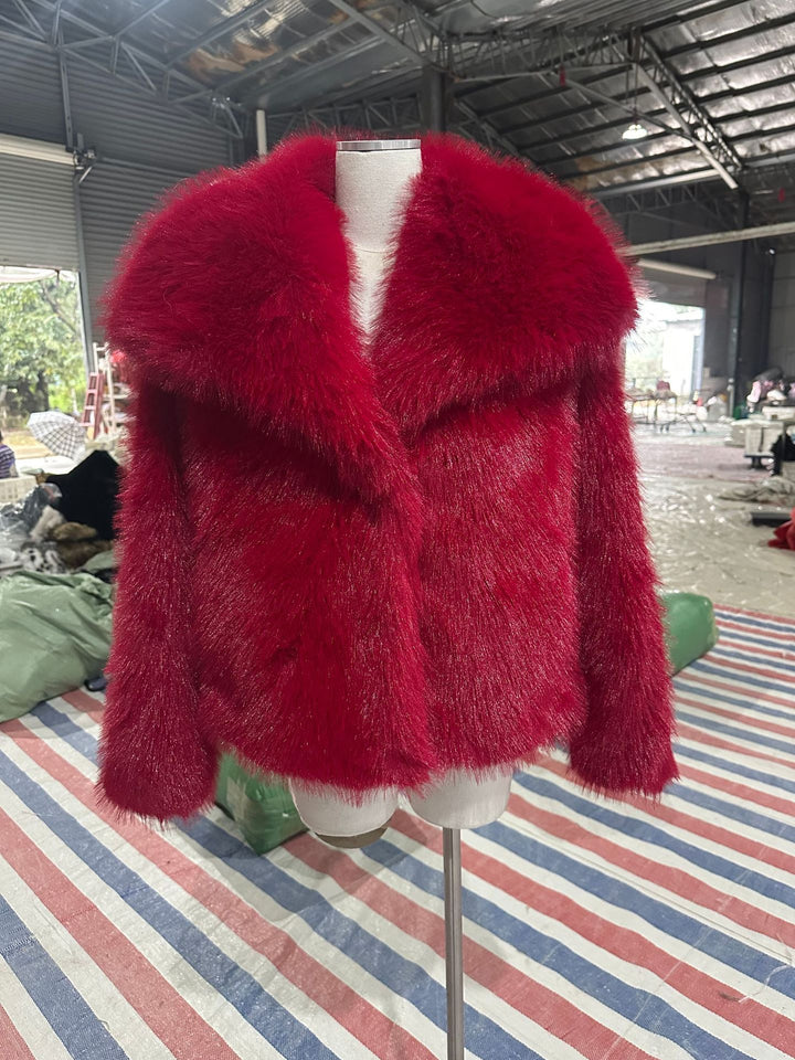 Damen Kurzbolero im Boxy-Cut aus veganem Shaggy-Kunstpelz mit XXL-Schalkragen Drune