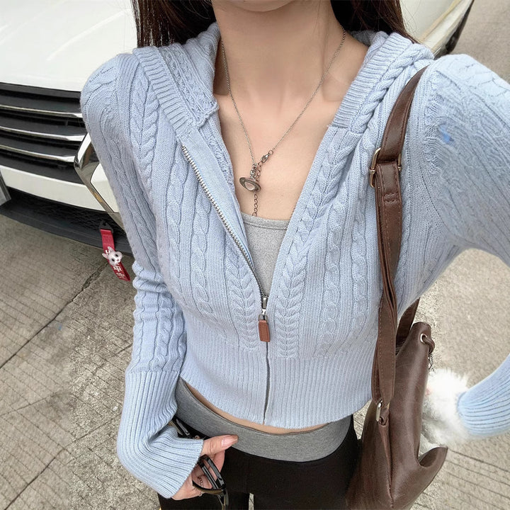 Damen Kapuzenstrickjacke mit Zopfmuster und asymmetrischem Schnitt Drune