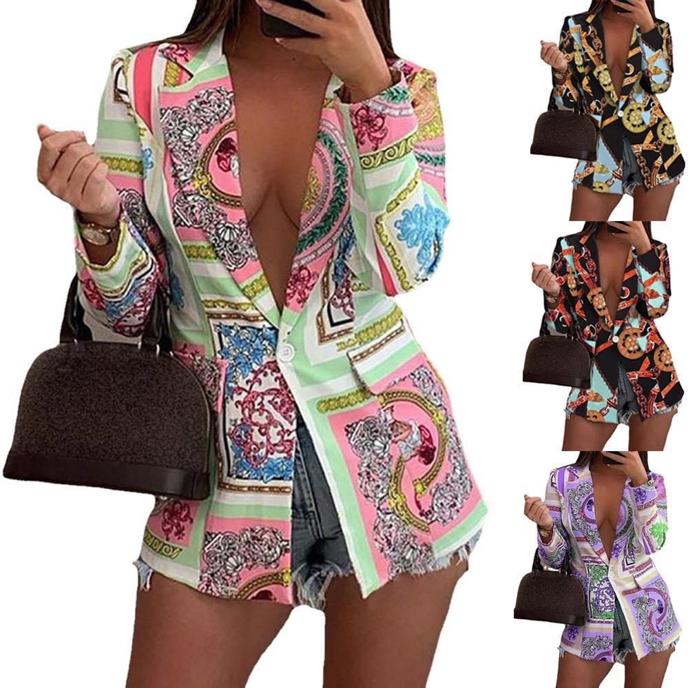 Damen Gemusterter Longline-Blazer mit Ein-Knopf-Verschluss und Seidentuch-Print Drune