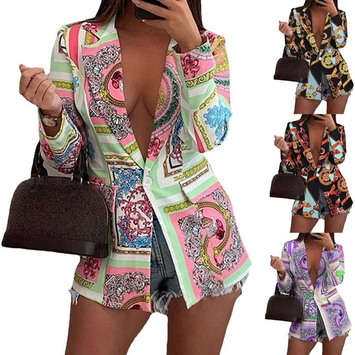 Damen Gemusterter Longline-Blazer mit Ein-Knopf-Verschluss und Seidentuch-Print Drune
