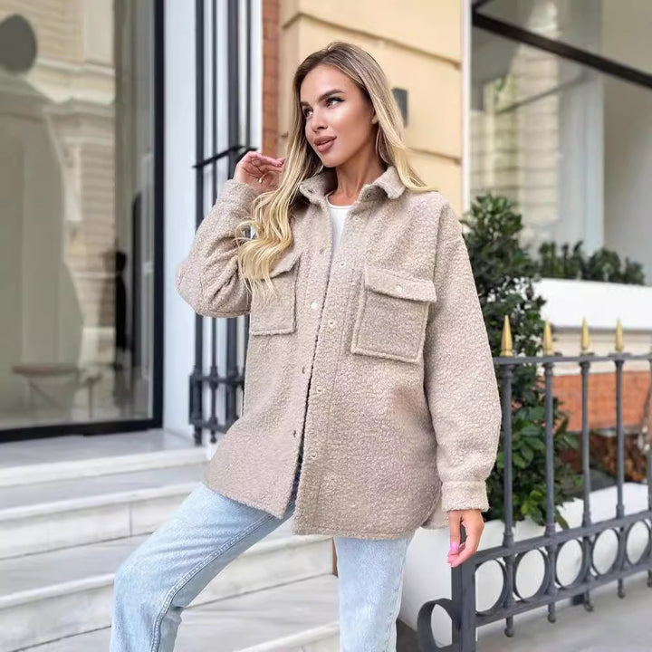 Damen Oversized Teddy-Übergangsjacke mit Brusttaschen und Druckknöpfen Drune