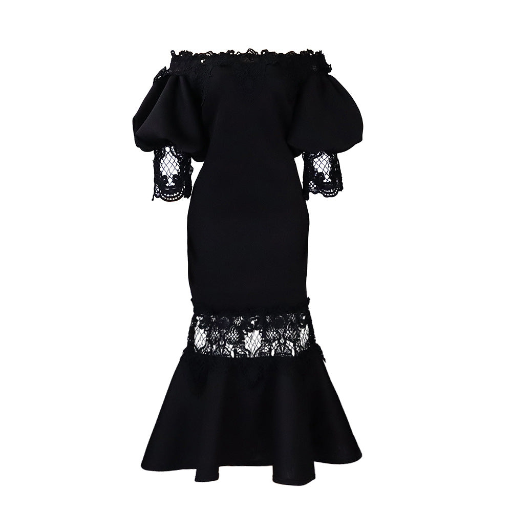Damen Bodycon Kleid mit Spitzenapplikationen und voluminösen Ärmeln Drune
