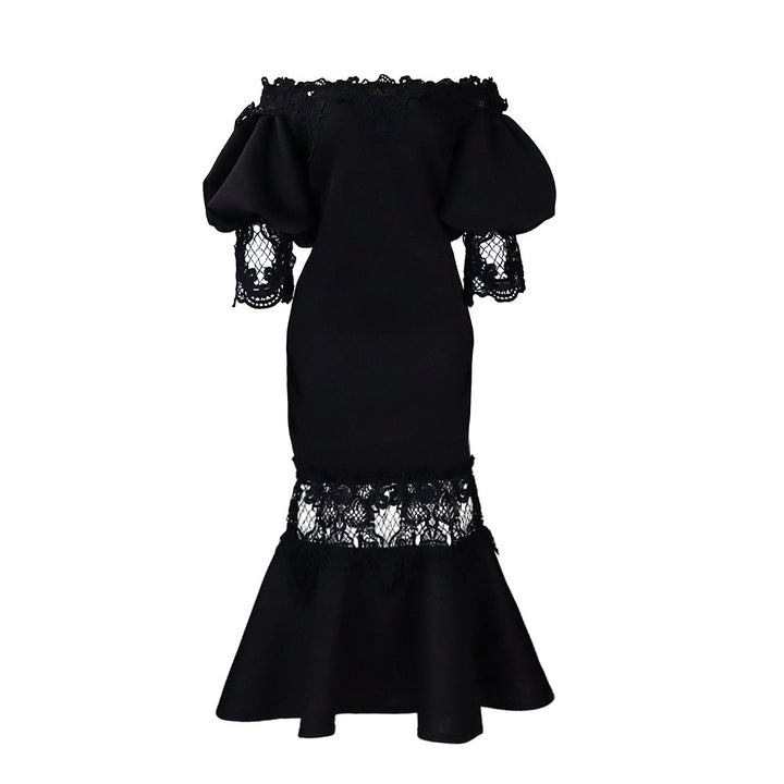 Damen Bodycon Kleid mit Spitzenapplikationen und voluminösen Ärmeln Drune