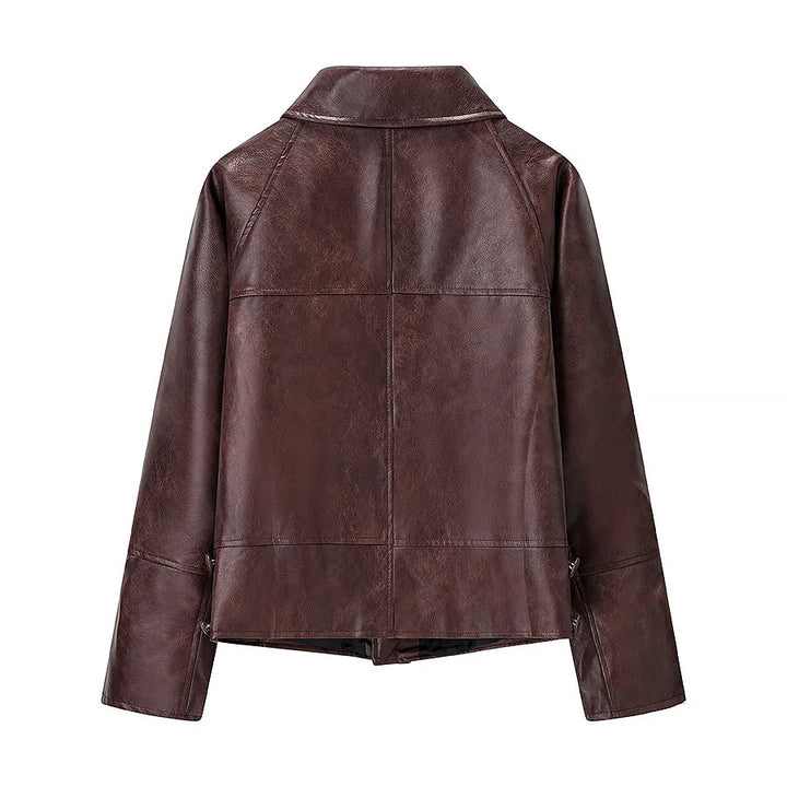 Damen nan kurze Cropped Kunstlederjacke im Vintage-Look mit Hemdkragen, geometrischen Nahtpaneelen und verdeckter Druckknopfleiste Drune