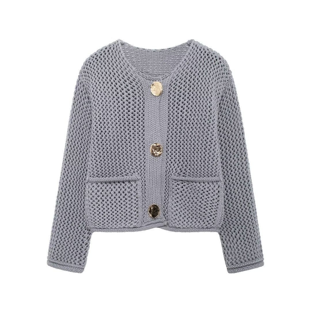 Damen luftiger Strickjacke mit dekorativem Netzdesign und praktischen Taschen Drune