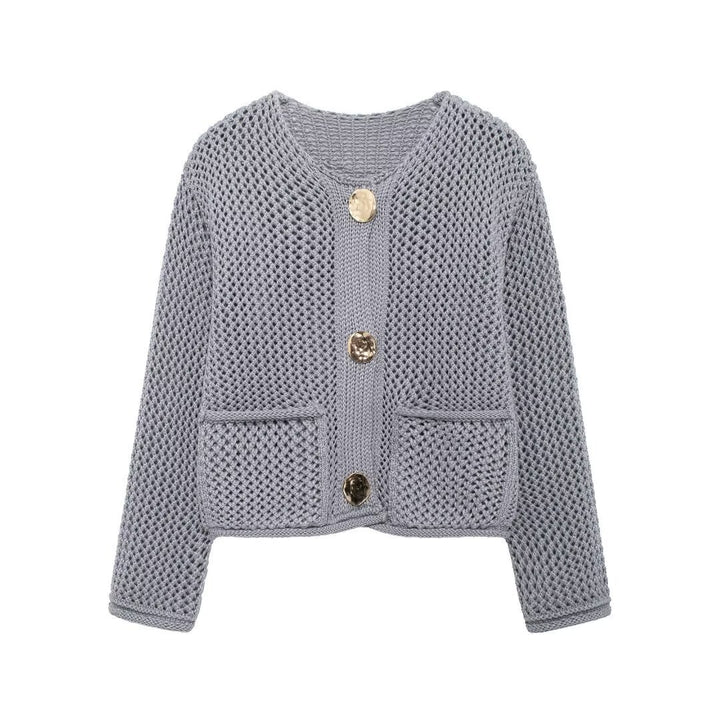 Damen luftiger Strickjacke mit dekorativem Netzdesign und praktischen Taschen Drune