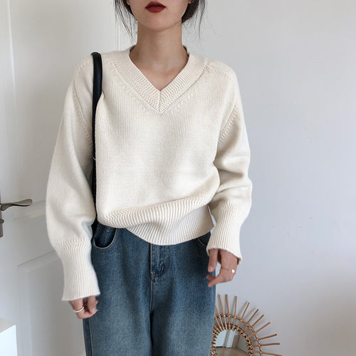 Damen V-Ausschnitt Pullover mit weitem Bündchen Drune