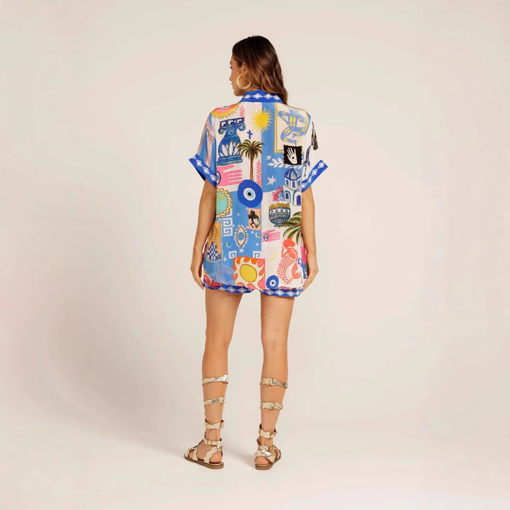 Damen Set aus leichtem, bedrucktem Kurzarmhemd und Shorts mit buntem Design Drune